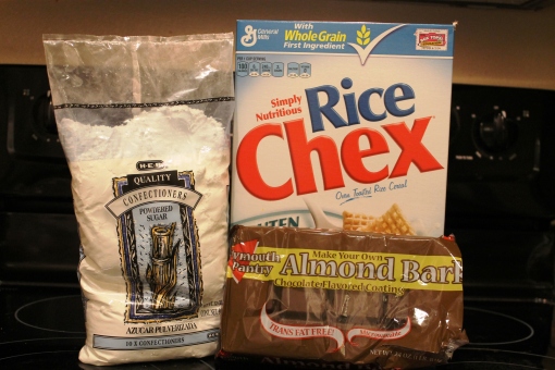 The ingredients I used to make puppy chow: rice Chex, chocolate bark and powdered sugar. (photo: Nikki Dulay)