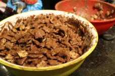 The Chex cereal after it's been mixed with the melted chocolate. (photo: Nikki Dulay)